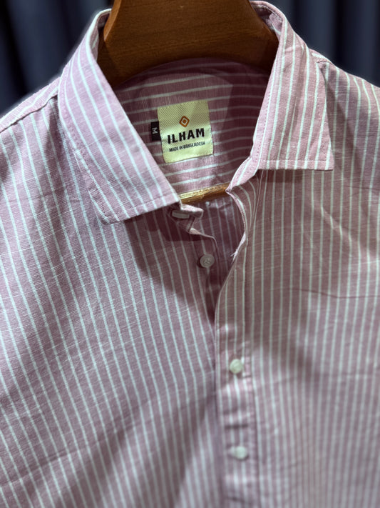 Dusty Pink White Stripe Linen (rimi cotton) Half Sleeve Shirt
