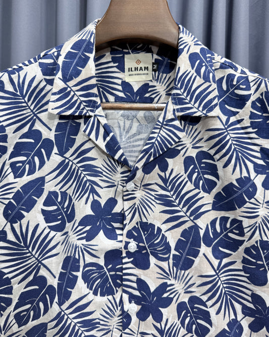 Navy Blue Tropical Print Cuban Half Shirt