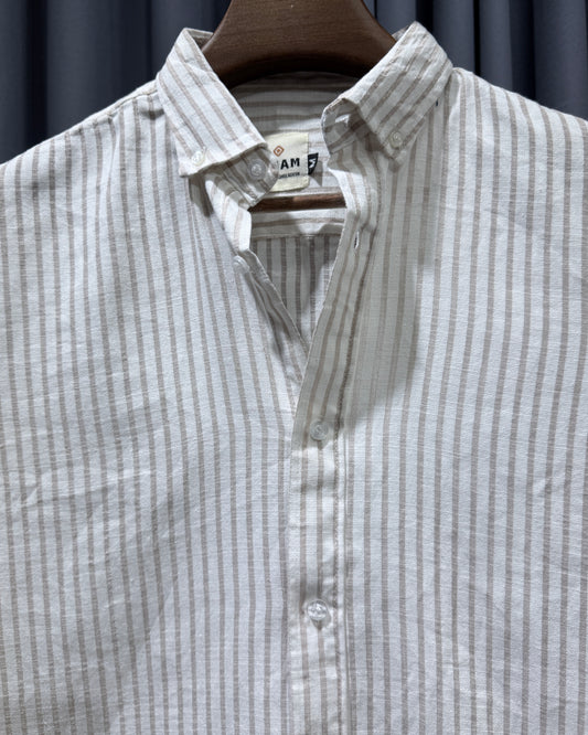 Beige and White Striped Fancy&Linen Full Sleeve Shirt