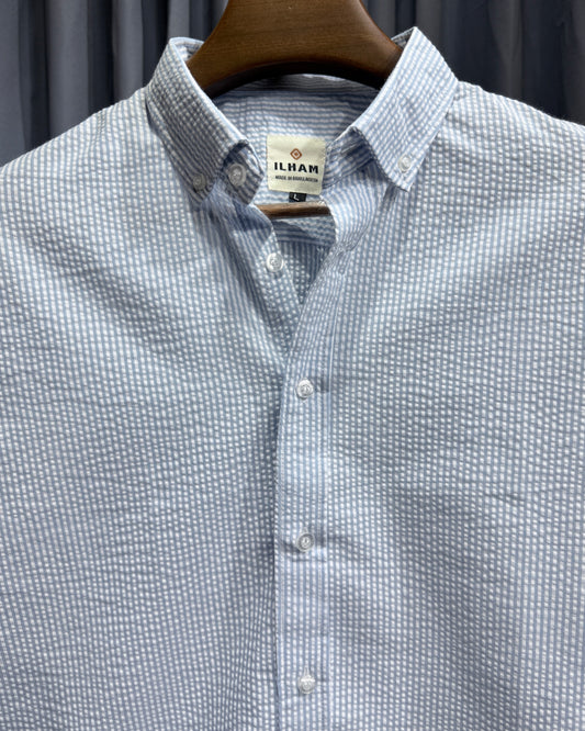 Sky Blue Mini Check Stripe Full Sleeve Cotton Shirt