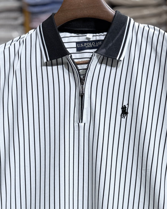 Men’s Premium Striped Zip Polo White/Black