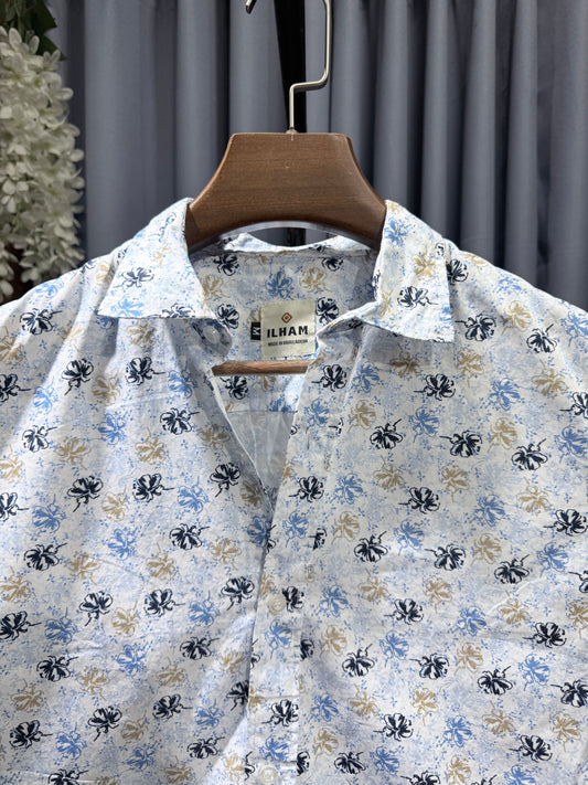 Ivory Blue Floral Half Sleeve Cotton Shirt