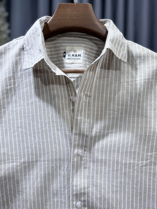 Khaki White Stripe Linen (rimi cotton) Half Sleeve Shirt
