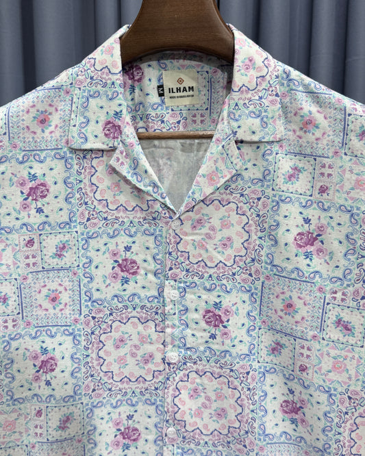 Lavender Floral Patchwork Print Cuban Collar Shirt