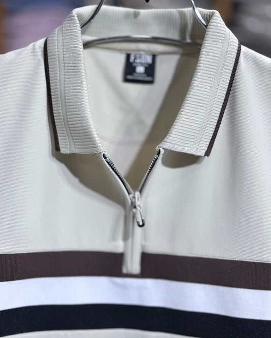 Men’s Premium Color Block Zip Polo Shirt - Ivory Beige