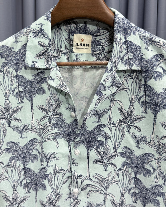 Mint Green Tropical Palm Print Cuban Collar Half Shirt