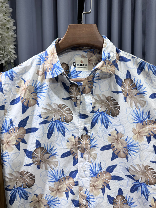 Ivory Blue Tropical Half Sleeve Cotton Shirt
