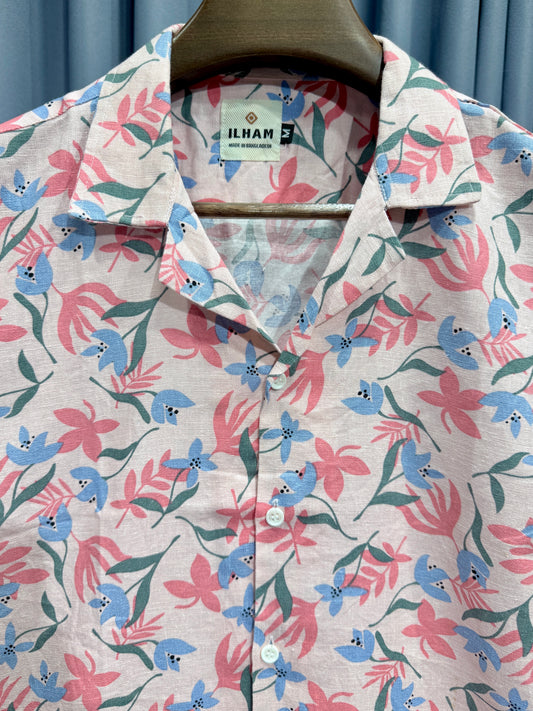 Light Blush Pink Floral Linen cuben Half Shirt