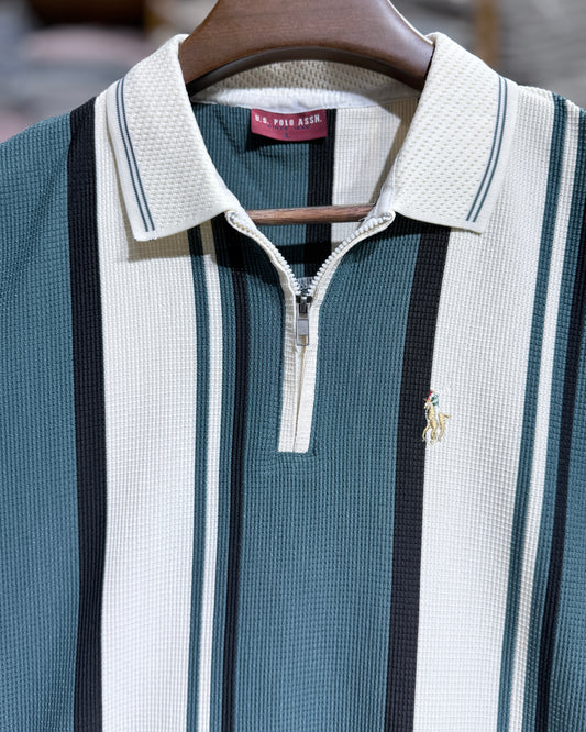 Men’s Premium Vertical Stripe Zip Polo Teal & White