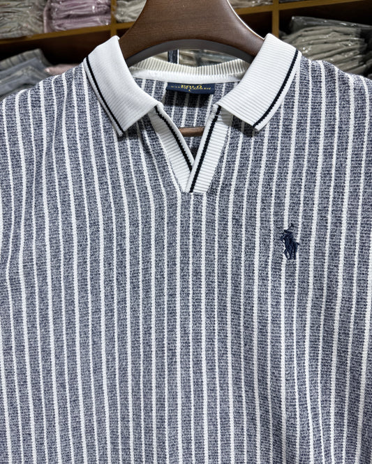 Men’s Premium Textured Stripe Polo Shirt - Ash Grey & White