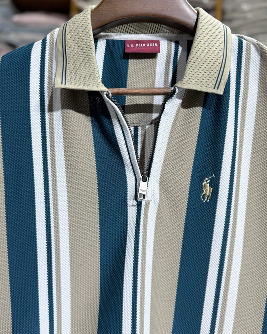 Men’s Premium Vertical Stripe Zip Polo Teal Blue & Sand Beige