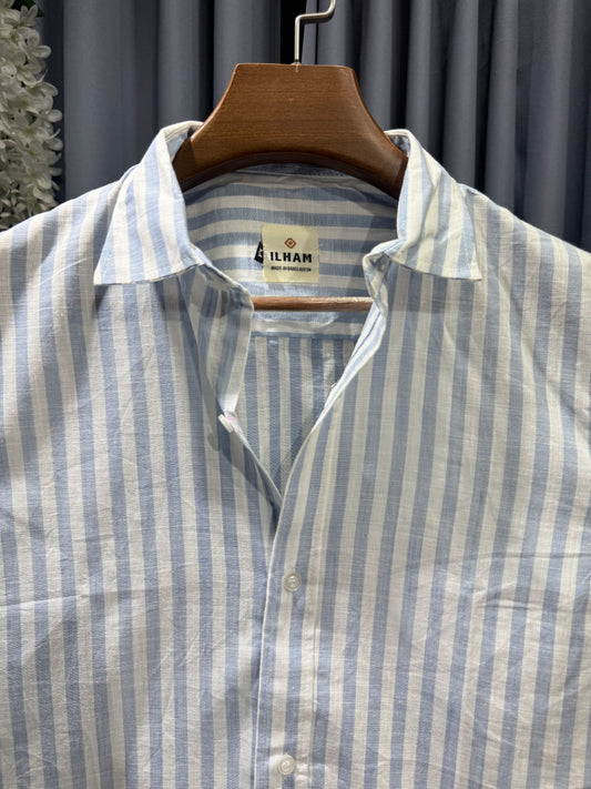 Sky Blue White Stripe linen (rimi cotton) Half Sleeve Cotton Shirt
