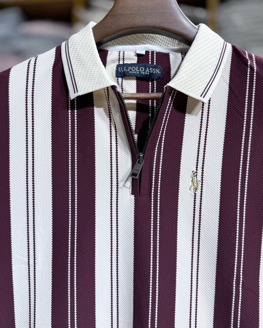 Men’s Premium Vertical Stripe Zip Polo Burgundy & White